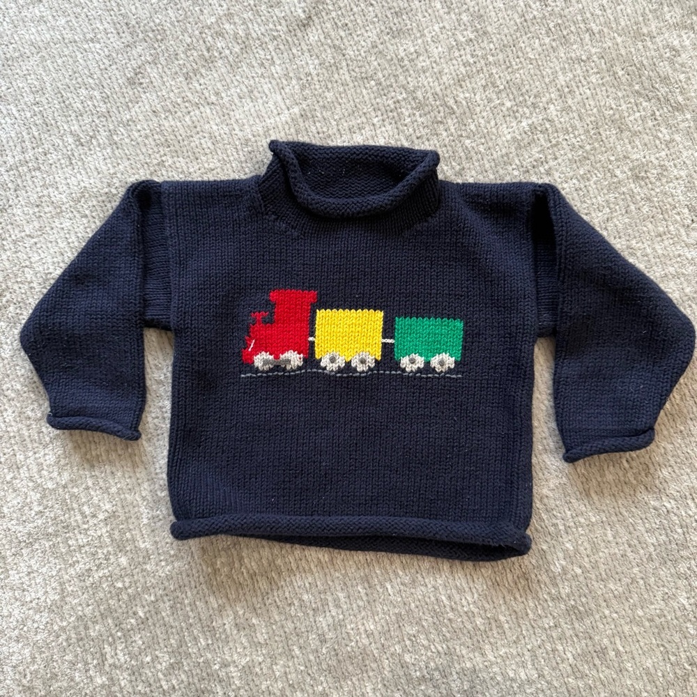 Claver Train Intarsia Knit Sweater Navy Roll Neck Baby 24 Months Classic Prep